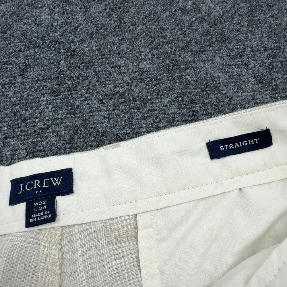 J Crew Pants Men 32x34 Beige Linen Cotton Plaid Straight Leg Chino Preppy Casual